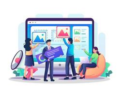 Digital marketing concept with people putting content images marketing to the web dashboard screen. Search Engine Optimization, Promotion, Working process, and Teamwork. Flat style vector illustration