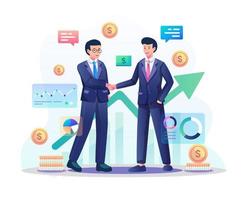 Business Partnership concept. Two businessmen came to an agreement and completed the deal with shaking hands. Flat style vector illustration