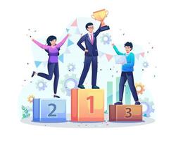 Happy businessman stands on the podium first celebrates success by lifting a golden cup trophy. Successful business team concept. Team achievements. Flat style vector illustration