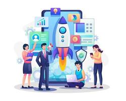 Startup project mobile development team. Rocket startup takes off for launching a new business. Start Your Business. Flat style vector illustration