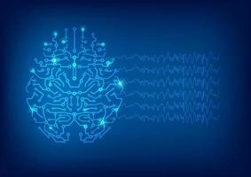 Abstract digital brain circuit and brain waves on blue background vector