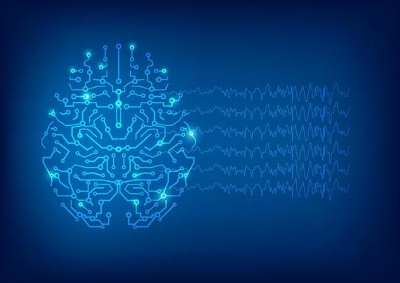 Abstract digital brain circuit and brain waves on blue background