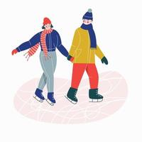 Young couple of woman and man ice skating together on ice rink, holding hands. Flat vector illustration. White background.