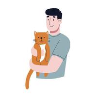 A young man carrying a cute cat. A man hugging a cat. Flat vector illustration.
