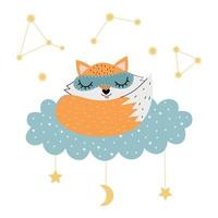 lindo zorro durmiendo en una nube. vector