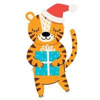 Cute tiger with Christmas present. Vector illustration.