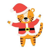 Cute tiger in a santa costume. Christmas tiger. Vector illustration.