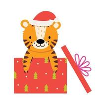 Cute tiger in gift Christmas box.Year of the Tiger. Vector illustration.