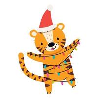 Cute Christmas tiger with garland. Vector illustration.