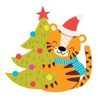 Cute tiger with Christmas tree. Vector illustration.