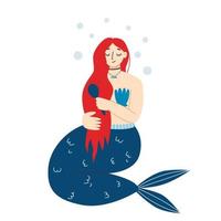 Cute mermaid combs her hair. Flat vector illustration.