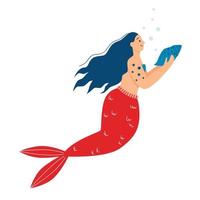 Cute mermaid with a shell in her hands. Flat vector illustration.