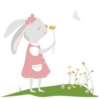 Cute bunny in a pink dress in a flower meadow vector