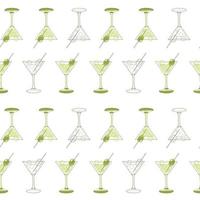 Seamless pattern of martini glasses and olives in a linear style vector