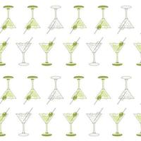 Seamless pattern of martini glasses and olives in a linear style vector