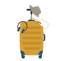 una maleta de viaje de moda con sombrero de hombre y auriculares vector