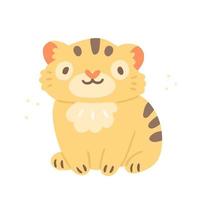 Cute character sitting tiger cub in cartoon style. Vector illustration isolated on background.