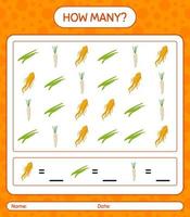 How many counting game with vegetables. worksheet for preschool kids, kids activity sheet, printable worksheet vector