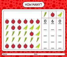 How many counting game with vegetables. worksheet for preschool kids, kids activity sheet, printable worksheet vector