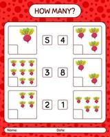 How many counting game with beet root. worksheet for preschool kids, kids activity sheet, printable worksheet vector