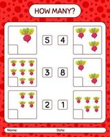 How many counting game with beet root. worksheet for preschool kids, kids activity sheet, printable worksheet vector