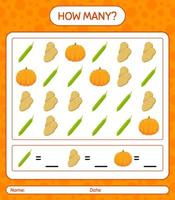 How many counting game with vegetables. worksheet for preschool kids, kids activity sheet, printable worksheet vector