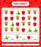 How many counting game with vegetables. worksheet for preschool kids, kids activity sheet, printable worksheet vector