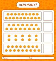 How many counting game with pumpkin. worksheet for preschool kids, kids activity sheet, printable worksheet vector