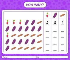 How many counting game with vegetables. worksheet for preschool kids, kids activity sheet, printable worksheet vector