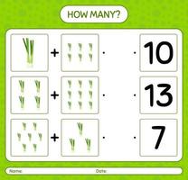 How many counting game with spring onion. worksheet for preschool kids, kids activity sheet, printable worksheet vector