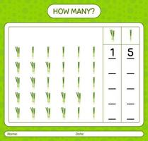 How many counting game with spring onion. worksheet for preschool kids, kids activity sheet, printable worksheet vector