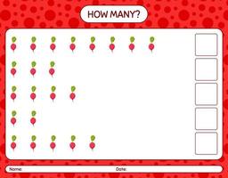 How many counting game with radish. worksheet for preschool kids, kids activity sheet, printable worksheet vector