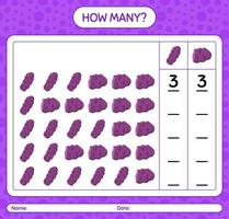 How many counting game with purple taewa. worksheet for preschool kids, kids activity sheet, printable worksheet vector