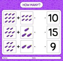 How many counting game with eggplant. worksheet for preschool kids, kids activity sheet, printable worksheet vector