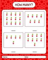 How many counting game with radish. worksheet for preschool kids, kids activity sheet, printable worksheet vector