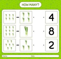 How many counting game with spring onion. worksheet for preschool kids, kids activity sheet, printable worksheet vector