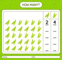 How many counting game with peas. worksheet for preschool kids, kids activity sheet, printable worksheet vector