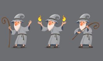 Wizard in different poses. Old magic character in cartoon style. vector