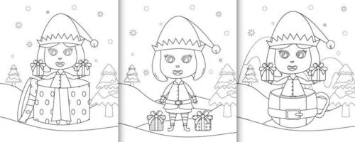 coloring book with cute girl elf christmas characters vector