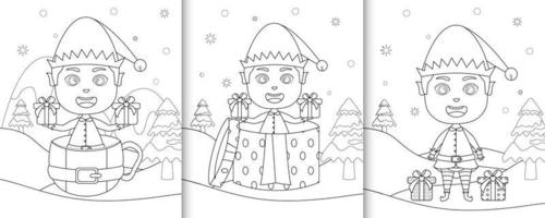 libro para colorear con lindos personajes navideños elfos vector
