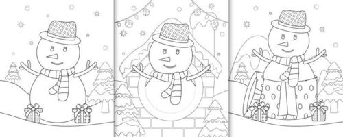 libro para colorear con lindos personajes navideños de muñecos de nieve vector