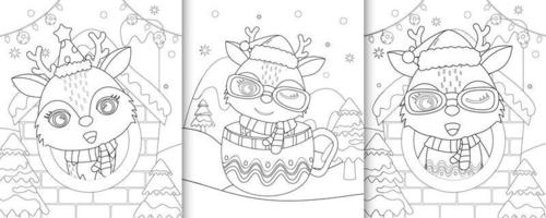 coloring book with cute deer christmas characters vector