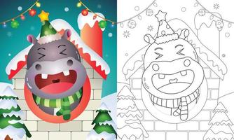 libro para colorear con un lindo hipopótamo personajes navideños usando sombrero y bufanda dentro de la casa