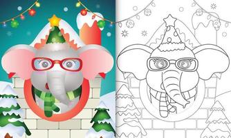 libro para colorear con un lindo elefante personajes navideños usando sombrero y bufanda dentro de la casa