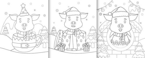 coloring book with cute pig christmas characters vector