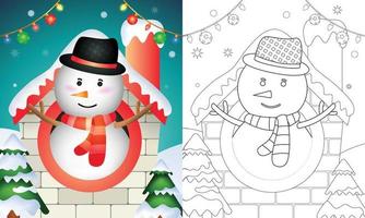 libro para colorear con un lindo muñeco de nieve personajes navideños usando sombrero y bufanda dentro de la casa