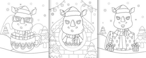 coloring book with cute rhino christmas characters vector