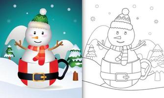 libro para colorear con un lindo muñeco de nieve personajes navideños con sombrero y bufanda en la copa de santa