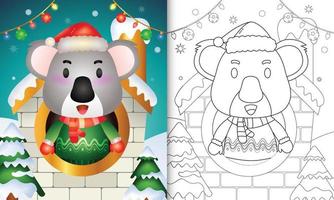 libro para colorear con un lindo koala personajes navideños usando gorro de Papá Noel y bufanda dentro de la casa