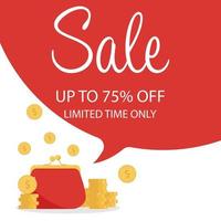 Save money during sale period. Discount and special offer banner with gold coins falling into red purse or pouch. Flat vector illustration for seasonal reductions, sell-out and discounts.